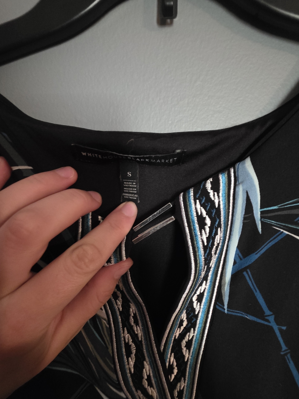 White House Black Market Black Dress with Blue and White Leaf Print - Picture 2 of 3